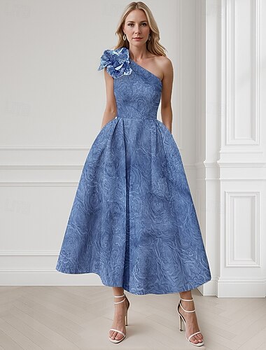  Jacquard Grün Blau A-Linie Cocktailkleid Elegantes Kleid Formelles Hochzeitsgast Knöchellänge Trägerlos Ein-Schulter Nylon mit Tasche Schulterblume Hochzeitsgastkleid 2025