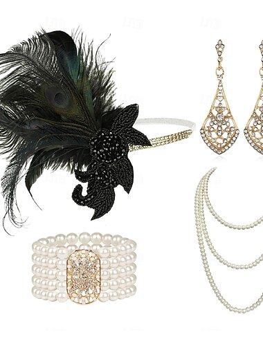 Der große Gatsby Flapper-Stirnband Perlenarmband Ohrringe Der große Gatsby Feder Retro Funkelnder Glitzer Damen Keltisch Karneval Valentinstag Maskerade Party-Abendmode Maskerade Festival Erwachsene