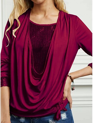 Dam Blus Ensfärgat Stylish Ledigt Långärmad Skorstenskrage Vanliga toppar Dagligen Paljetter Lappverk Svart Rodnande Rosa Vin Kaki Sommar