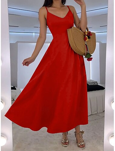  Femmes Robe maxi Robe trapèze Robe Nuisette Vacances Occasionnel Chaussures de plage Mariage Extérieur Soirée Coupe régulière Couleur Unie Sans manches Col en V Noir Rose Claire Rouge Bleu Ét