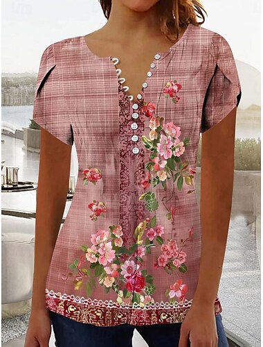  Dam Blus Blommig Grafisk Stylish Ledigt Kortärmad V-hals Vanliga toppar Dagligen Knappar Mönster Svart Gul Rodnande Rosa Grön Sommar