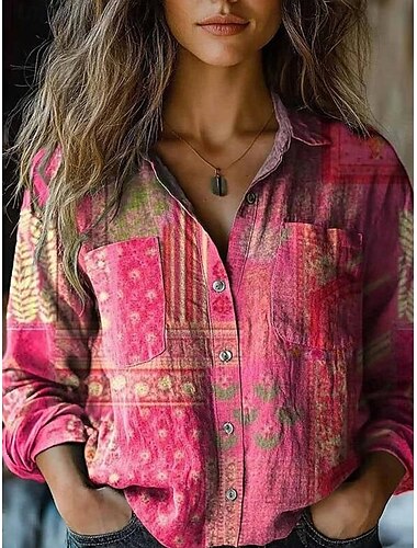  Dam Skjorta Blommig Paisley Stylish Modern Långärmad Tröjkrage Vanliga toppar Dagligen Helgdag Knappar Ficka Mönster Rödbrun Svart Gul Vin Rubinrött Sommar