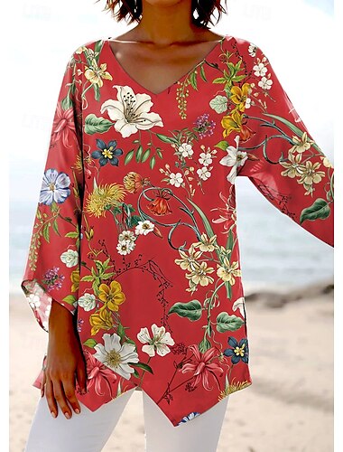  Damen Bluse Blumen Grafik Hawaiianisch Stilvoll Lässig Kurzarm Langarm V Ausschnitt Normale Oberteile Täglich Ferien Ausgehen Druck Hellgrün Rote Orange Grün Beige Sommer Frühling