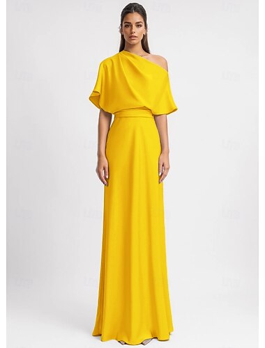  gelbes A-Linien-Abendkleid, elegantes Kleid, formell, bodenlang, 3/4-Ärmel, eine Schultertasche, Stretch-Krepp mit Rüschen, 2025