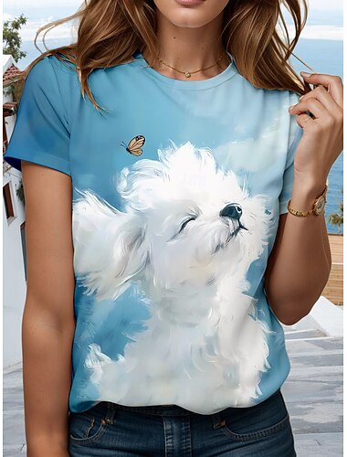  女性用 Tシャツ グラフィック 動物 犬 スタイリッシュ 近代の カジュアル 半袖 クルーネック ラウンドネック レギュラートップス 日常 お出かけ 週末 プリント スカイブルー 夏 春