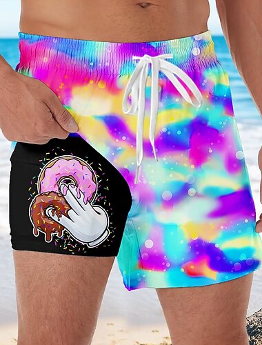  Voor heren Kleurrijk Donuts Cartoon handafdruk Gevoerde shorts 2 in 1 zwemshorts Zwemshorts Medium Taille Hawaii Vakantie Zijzakken Met compressievoering Elastische tailleband met trekkoord Ontwerper