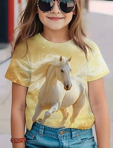  Mädchen 3D Pferd T-Shirt Kurzarm Sommer Frühling Mode Basic Kinder 4-12 Jahre Rundhalsausschnitt Outdoor Lässig Täglich Normale Passform