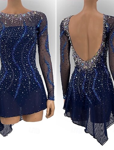  Eiskunstlaufkleid Damen Mädchen Eislaufen Kleid Marineblau Daumenloch Offener Rücken Netzstoff Hohe Elastizität Training Wettbewerb Eiskunstlaufkleidung Klassisch Kristall / Strass Langarm Eislaufen