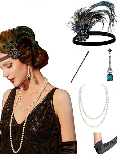  1920er Der große Gatsby Flapper-Stirnband Perlenarmband Ohrringe Der große Gatsby Feder Retro Funkelnder Glitzer Kristall / Strass Damen Karneval Valentinstag Maskerade Party-Abendmode Maskerade