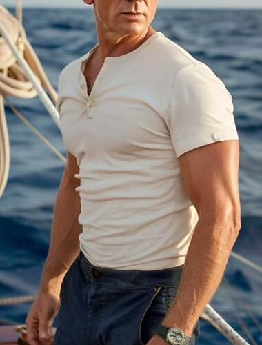  Homens Camisa Henley Manga Curta Henley Verão Tecido Moda Designer Básico Botões Férias Rua Para Noite Branco Top Tee para Homens
