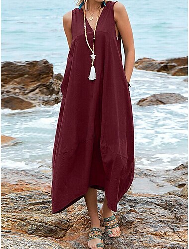  Damen Midikleid Baumwoll-Leinenkleid Basic Lässig Urlaub Täglich Normale Passform Einfach Ärmellos V Ausschnitt Schwarz Wein Khaki Sommer