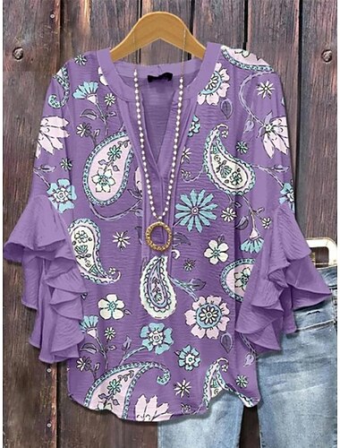  Blusa da donna con maniche a strati e arricciate top floreale grafico con paisley quotidiano elegante casual maniche a 3/4 scollatura a V top regolari abbigliamento quotidiano per le vacanze stampa