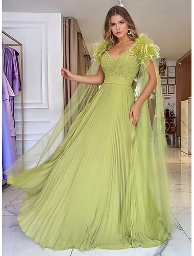  Robe de soirée en A élégante Robe formelle invité de mariage longueur sol manches courtes décolleté cœur ceinture  sash en chiffon avec plis en plumes