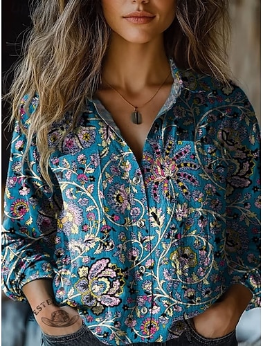  Damen Hemd Blumen Retro Vintage Ethnisch Langarm Hemdkragen Normale Oberteile Täglich Ferien Knöpfe Tasche Druck Blau Grau Sommer