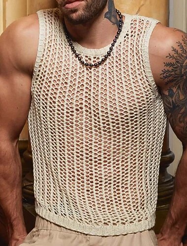 Herre Tanktop Vest Top Underskorte Ærmeløs skjorte Uden ærmer Rund Hals Forår Vanlig Mode Designer Hul Ferierejse Gade I-byen-tøj Beige Top T-shirt til mænd