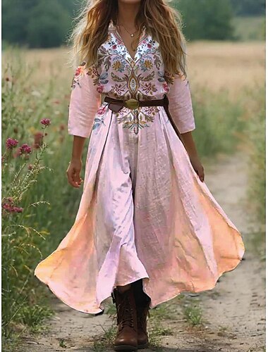  Damen Boho Kleid Western Kleid Vintage Maxi Kleid Sonnenkleid Faltenkleid Urlaub Lässiges Boho Ausgehen Strand Grafisch Paisley Tribal 3/4-Länge Ärmel V-Ausschnitt Schwarz Pink Blau Orange Sommer