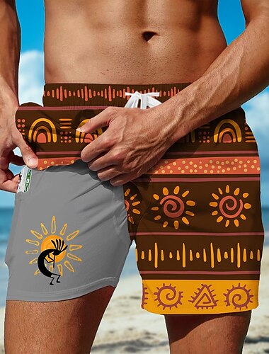  Herren Geometrisch Kokopelli Gefütterte Shorts 2 in 1 Badeshorts Badeshorts Mittlere Taille Ethnisch Strandurlaub Seitentaschen Mit Kompressionsfutter Elastischer Kordelzug in der Taille Designer