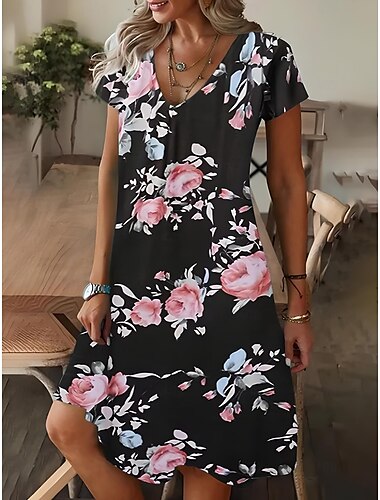  Dame Mini kjole T skjortekjole Fritid Normal Blomstret Grafisk Blad Kortermet V-hals Svart Hvit Rosa Blå Sommer Vår