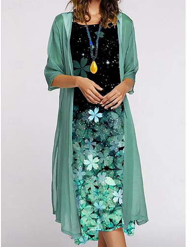  Damen Kleid-Set Sommerkleid Lässig Blumen Druck Midikleid Dreiviertelarm Rundhalsausschnitt Outdoor Täglich Rosa Blau Grün Sommer Frühling Normale Passform