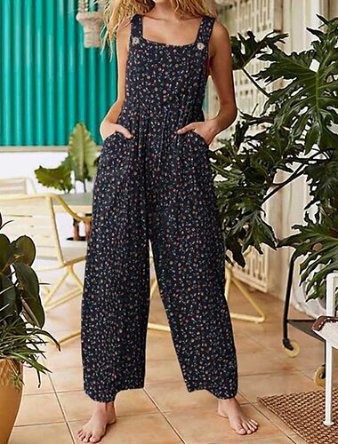  Mujer Normal Mono Ropa de calle Floral Sin Mangas Escote en U Bolsillo Estampado Festivos Noche Ajuste regular Negro Amarillo Rojo Verano