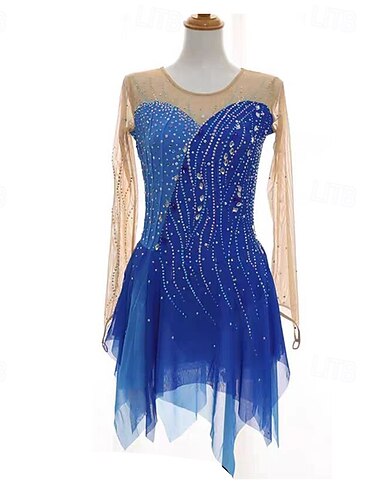  Kunstschaatsjurk Dames Voor meisjes Schaatsen Jurken Donkerblauw Lapwerk Duimopening Netstof Spandex Rekbaar Opleiding Oefenen Professioneel Kunstschaatskleding Thermisch Warm Kristal / Bergkristal