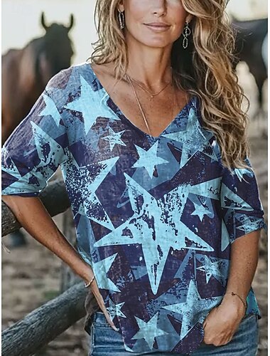  Dames Blouse Grafisch Ster Vintage Stijlvol Modern 3/4 mouw V-hals Normale tops Dagelijks Blozend Roze blauw Groen Zomer Lente