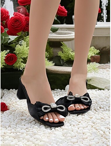  Mules à talons en satin marron pour femmes avec détail nœud, talon bas pour les rassemblements décontractés et estivaux