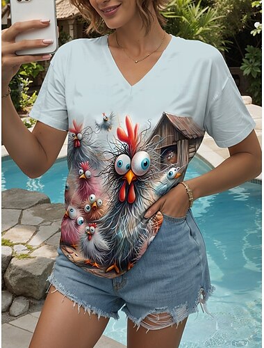  Femmes T-shirt Graphique Animal Coq ancien Élégant Classique Manche Courte Col en V Hauts Réguliers Quotidien Imprimé Bleu clair Été Printemps