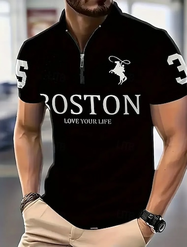  Heren Polo T-shirt Korte Mouw met Rits Kraag Boston "Hou Van Je Leven" Graphic T-shirt Nummer 5  3 Ontwerp