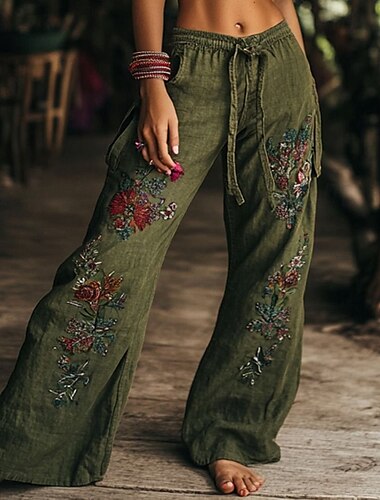  Dam Brett skaft Byxor Boho Fullängd Naturlig Blomma Ficka Tryck Elastisk dragsko-design Bekväm Utomhus Utomhus Semester Helgen Grön Sommar Normal