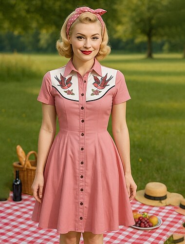  Retro Vintage 1950er Mini A-Linien-Kleid Hemdkleid Cowgirl Knopfleiste 3D-Druck Damen Maskerade Urlaub Lässig Teegesellschaft Erwachsene Kleid Sommer