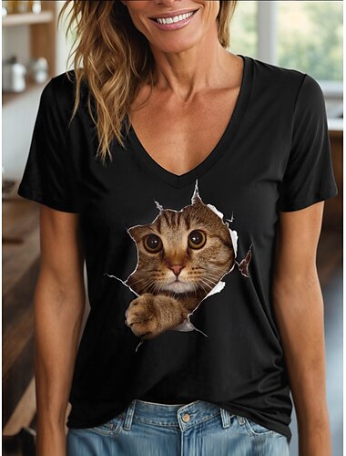  女性用 Tシャツ グラフィック 動物 猫 ヴィンテージ スタイリッシュ クラシック 半袖 Ｖネック レギュラートップス 日常 プリント ブラック ホワイト 夏 春
