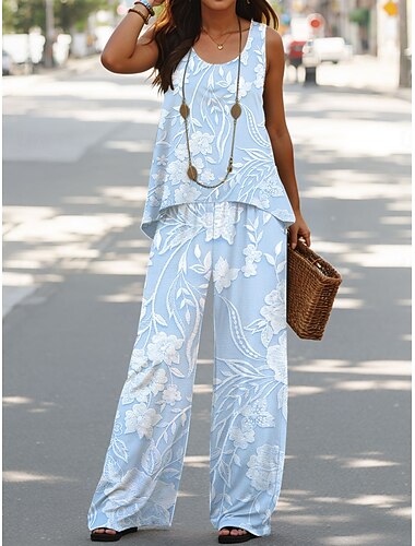  Completi Femminili da 2 Pezzi Vacanza Pantaloni Set Senza Maniche Collo Rotondo Collo a U Grafica Florale Casual Quotidiani Rosa Blu Beige Estate Vestibilità Larga