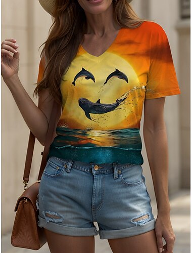  Camiseta de mujer con cara sonriente de delfín de Vincent Hie, con estampado animal, estilo vintage, clásico, manga corta, cuello redondo, cuello redondo, estampado diario, naranja, para verano y primavera.
