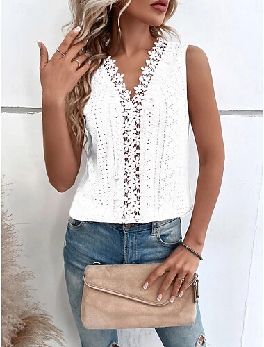  Top in pizzo bianco elegante da donna, camicetta con occhielli, sexy, senza maniche, floreale, semi-trasparente, scollatura quadrata, orlo smerlato, alla moda, vestibilità attillata, per appuntamenti, casual, feste, romantici, piccoli top, da indossare in