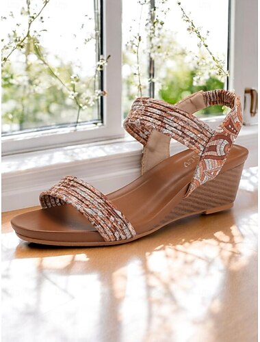  női boho ékszandál – rugalmas, slingback nyitott orrú cipő texturált szövetpánttal, hétköznapi nyári sarkú cipők mindennapi viselethez és tengerparti nyaraláshoz