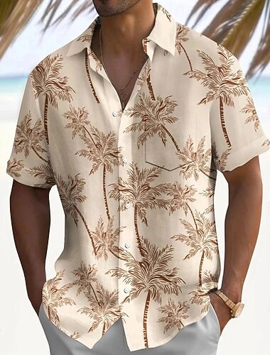  Miesten Kookospuu Trooppiset kasvit Paita Havaiji paita Button Up paita Lyhythihainen Havaijilainen Loma Pyhäpäivä Ranta-asut Kesä Sänkyjen avaus 3D-tulostus kauluspaidat Edessä yksi tasku Khaki