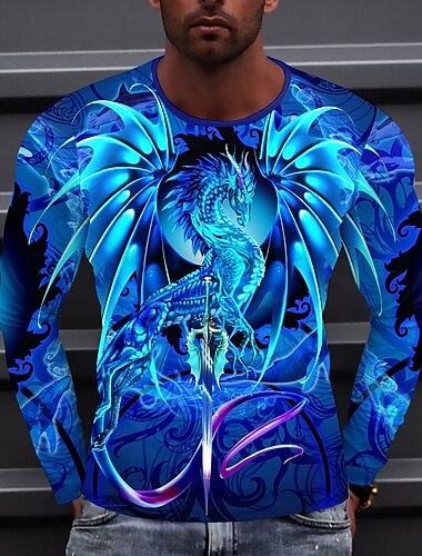 T-shirt à manches longues et col ras du cou pour homme, imprimé dragon 3D, style streetwear, décontracté, bleu, été, printemps, tailles S, M, L