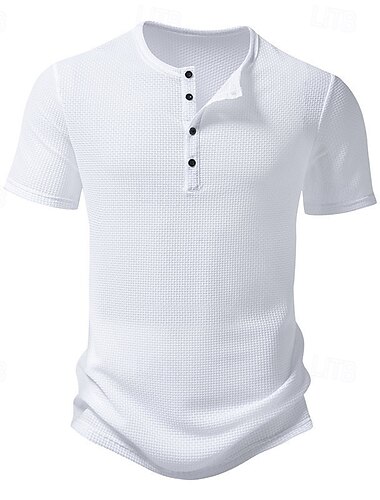  Homens Camisa Waffle Henley Camisetas Manga Curta Côr Sólida Tecido Legal Botões Henley Ao ar livre Casual Diário Verão Primavera & Outono Preto Branco Azul Camiseta Henley