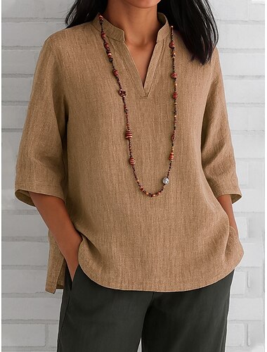 dam bomullslinne blus enfärgad elegant vintage snygg 3/4 lång ärm v-ringad vanliga toppar daglig semester röd blå grön khaki sommar vår