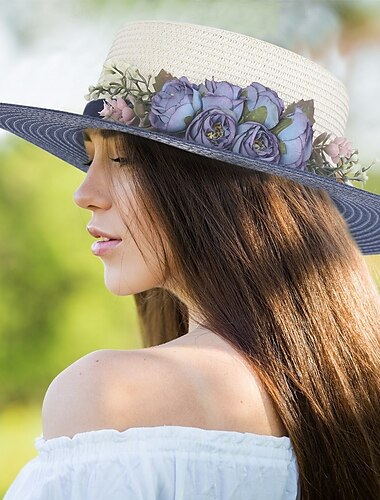  Zomerstrandhoed met brede rand en bloemenkantstrik, ademend papiermateriaal, elegant pasteldesign voor bescherming tegen de zon buitenshuis