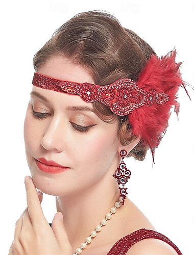  1920er Der große Gatsby Flapper-Stirnband Perlenarmband Ohrringe Der große Gatsby Feder Retro Funkelnder Glitzer Kristall / Strass Damen Karneval Valentinstag Maskerade Party-Abendmode Maskerade