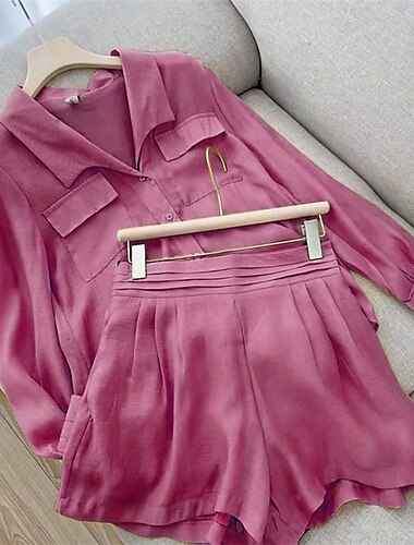  Mulheres Moda Roupa de rua Conjuntos de linho de algodão Conjuntos de duas peças Conjuntos de shorts Manga Longa Colarinho de Camisa Tecido Roupa Diária Encontro Azul Roxo Verde Verão Normal