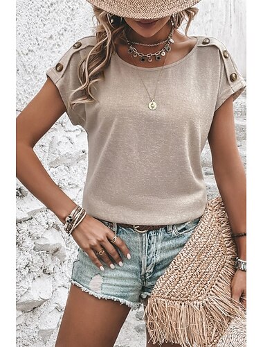  Dames T-shirt Effen Modern Casual Korte mouw Strakke ronde hals Normale tops Dagelijks Uitgaan Weekend Knop Khaki Zomer