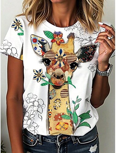  Femmes T-shirt Fleuri Graphique Animal ancien Élégant Occasionnel Manche Courte Col ras du cou Col rond Hauts Réguliers Quotidien Imprimé Jaune Été Printemps