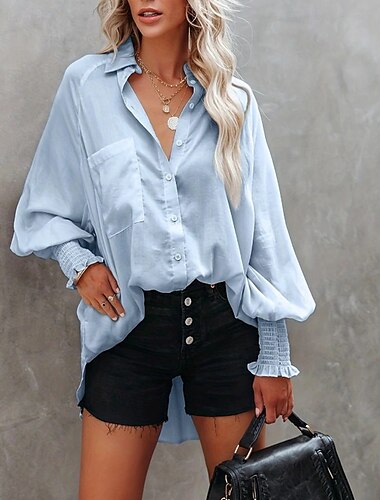  Femmes Chemise Chemisier Uni Rayé Occasionnel manche longue Col de chemise Hauts Réguliers Fête Sortir Boutons Blanche Bleu Bleu Ciel Orange Beige Été