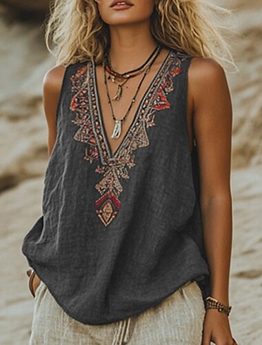  Dam västerländsk blus Boho skjorta Blus Blomma Modern Boho Ärmlös V-hals Vanliga toppar Dagligen Helgdag Utekväll Mönster Svart Grön Mörkgrå Sommar