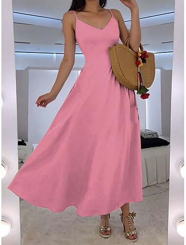  Damen Maxikleid A Linie Kleid Unterkleid Urlaub Lässig Strand Hochzeit Outdoor Party Normale Passform Einfarbig Ärmellos V Ausschnitt Schwarz Rosa Rote Blau Sommer Frühling