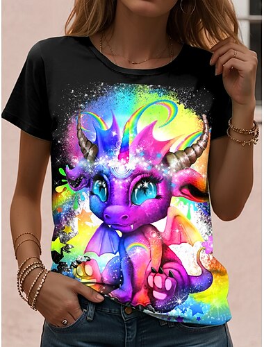  T-shirt femme arc-en-ciel Lil Dragonz par Sheena Pike, imprimé animal, élégant, moderne, décontracté, manches courtes, col ras du cou, régulier, quotidien, imprimé arc-en-ciel