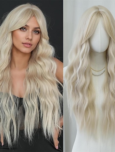  lång vågig ask blond peruk med gardin lugg värmebeständig fiber skiktad syntetisk lockig peruk för cosplay julklappsfest används